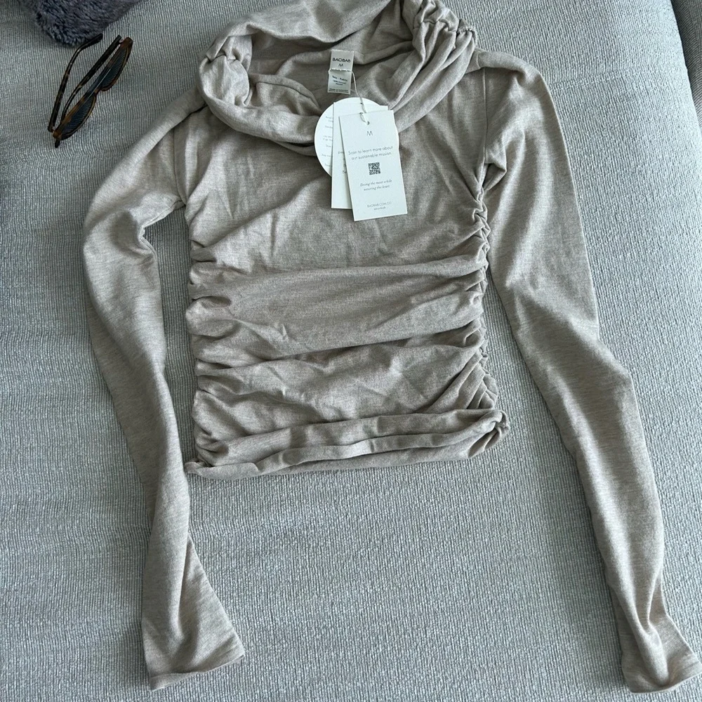 Baobab Collection Off-Shoulder Ruched Sweater - Taupe - Picture 10 of 11